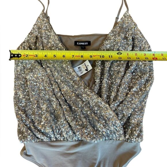 Express Silver Gold Sequin Bodysuit Fuax Wrap Adjustable Straps Womens Small NWT - Picture 14 of 14
